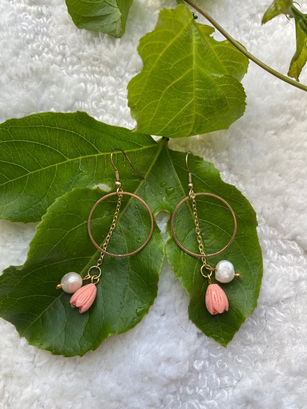 Handmade Peach Pikake Chain and Hoop Earrings with Genuine Fresh pearl